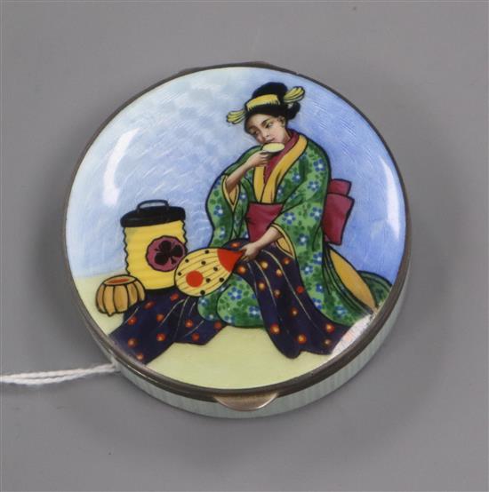 An early-mid 20th century 935 white metal and guilloche enamel circular box and cover, decorate with a Japanese lady